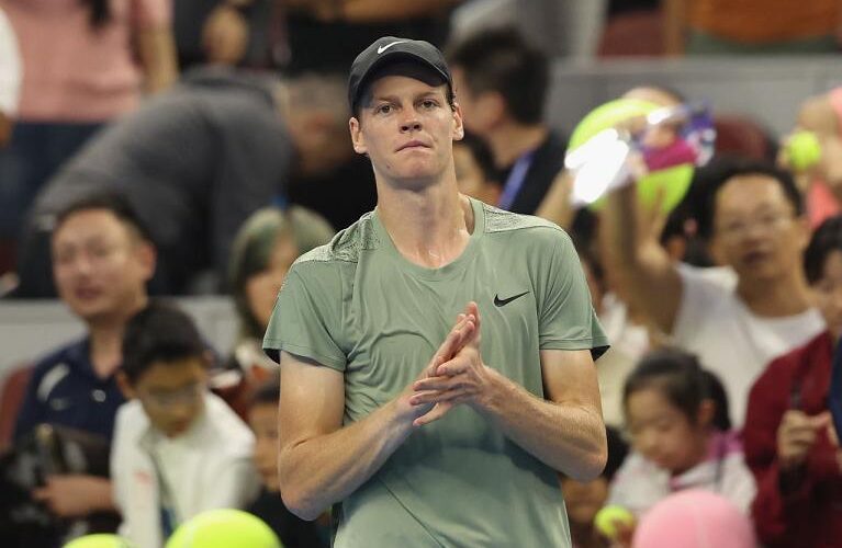 BEIJING, CHINA - SEPTEMBER 28:  Jannik Sinner of Italy celebrates winning the Men's Singles Round of 16 against Roman Safiullin of Russia on Day 6 of the China Open at National Tennis Center on September 28, 2024 in Beijing, China. (Photo by Lintao Zhang/Getty Images)