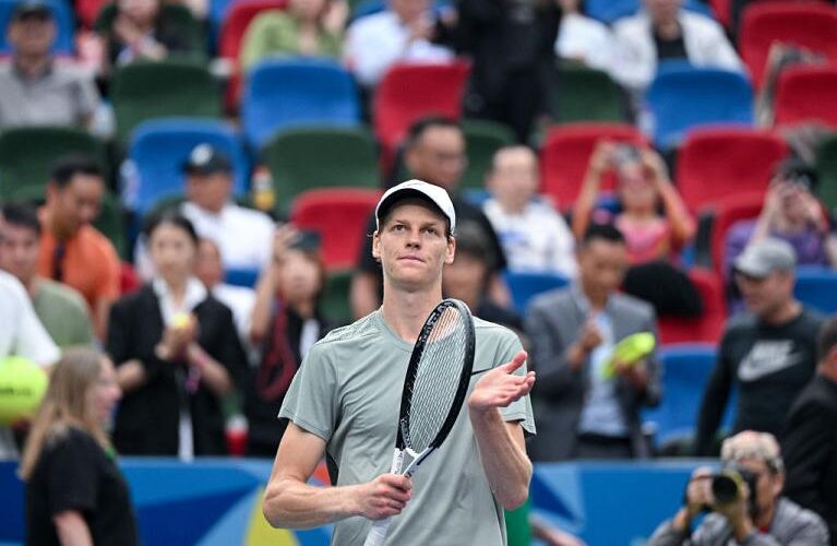 Italy's Jannik Sinner reacts after winning against Russia's Daniil Medvedev during their men's singles match at the Shanghai Masters tennis tournament in Shanghai on October 10, 2024. (Photo by HECTOR RETAMAL / AFP) (Photo by HECTOR RETAMAL/AFP via Getty Images)