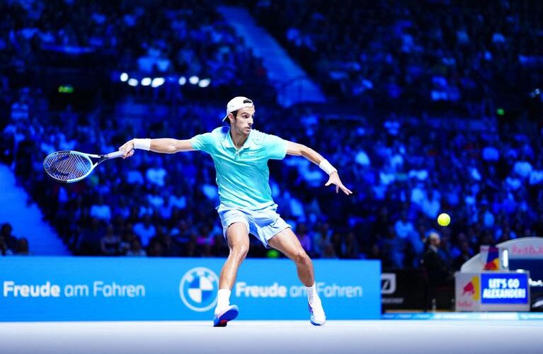 Italy's Lorenzo Musetti returns the ball to Germany's Alexander Zverev during their men's singles quarter-final tennis match of the ATP Vienna Open tennis tournament in Vienna on October 25, 2024. (Photo by Eva MANHART / APA / AFP) / Austria OUT (Photo by EVA MANHART/APA/AFP via Getty Images)
