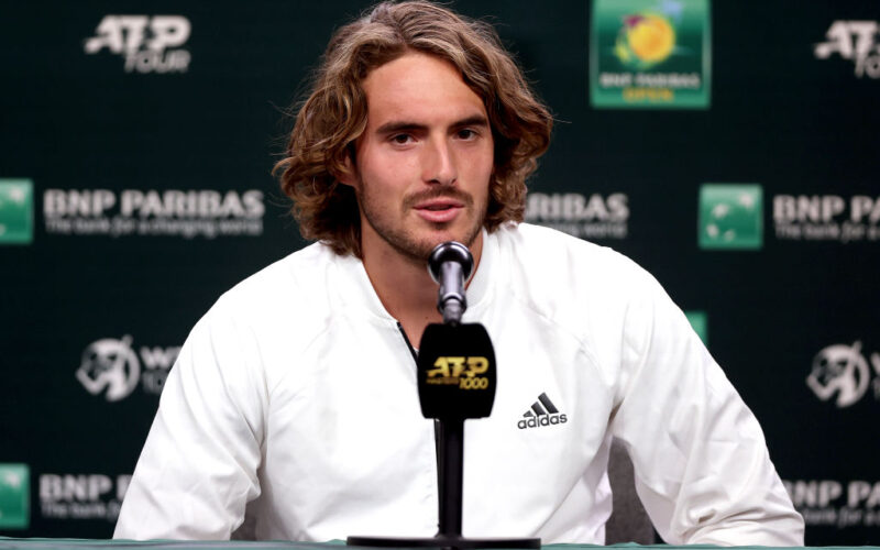 INDIAN WELLS, CALIFORNIA - MARCH 09: Stefanos Tsitsipas of Greece fields questions from the media during the BNP Paribas Open at the Indian Wells Tennis Garden on March 09, 2022 in Indian Wells, California. (Photo by Matthew Stockman/Getty Images)