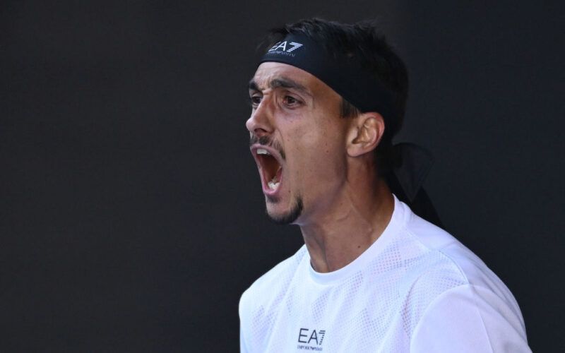 MELBOURNE, AUSTRALIA - JANUARY 22: Lorenzo Sonego of Italy celebrates a point against Ben Shelton of the United States in the Men's Singles Quarterfinal during day 11 of the 2025 Australian Open at Melbourne Park on January 22, 2025 in Melbourne, Australia. (Photo by Quinn Rooney/Getty Images)