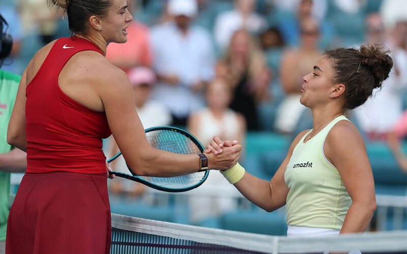 MIAMI GARDENS, FLORIDA - MARCH 27: Aryna Sabalenka of Belarus meets Jasmine Paolini of Italy after defeating her on Day 10 of the Miami Open at Hard Rock Stadium on March 27, 2025 in Miami Gardens, Florida. (Photo by Al Bello/Getty Images)