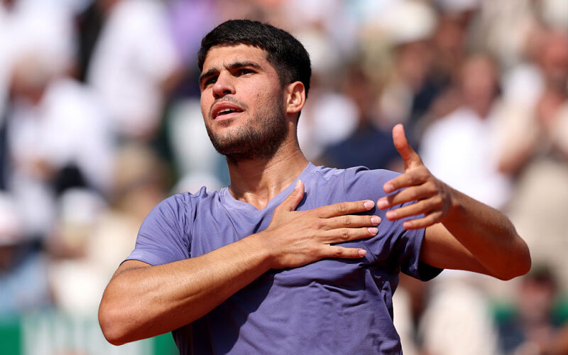 MONTE-CARLO, MONACO - APRIL 11: Carlos Alcaraz of Spain celebrates winning match point against Arthur Fils of France in the Men's Singles Quarterfinal match during day six of the Rolex Monte-Carlo Masters at Monte-Carlo Country Club on April 11, 2025 in Monte-Carlo, Monaco. (Photo by Clive Brunskill/Getty Images)
