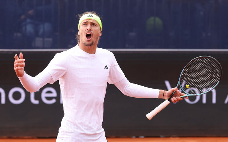 MUNICH, GERMANY - APRIL 18: Alexander Zverev of Germany reacts during his quarter final match against Tallon Griekspoor of the Netherlands on day seven of the BMW Open at MTTC IPHITOS on April 18, 2025 in Munich, Germany. (Photo by Alexander Hassenstein/Getty Images for BMW)