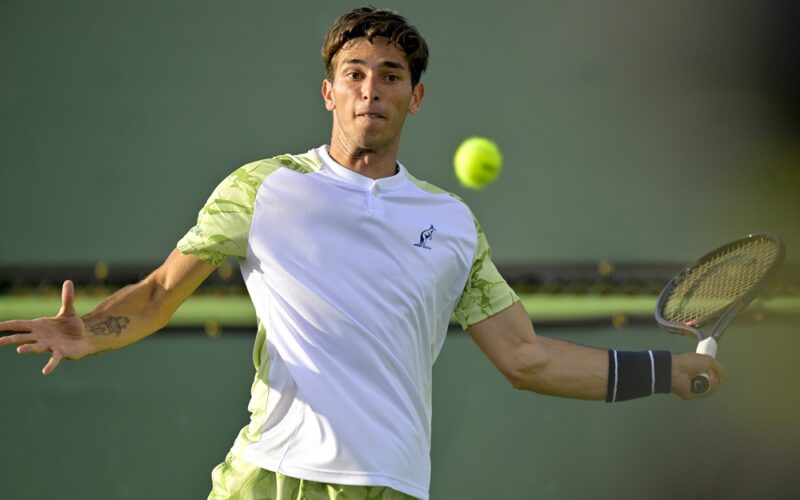 Mar 6, 2025; Indian Wells, CA, USA;  Matteo Gigante (ITA) hits a shot as he defeats Sebastian Baez (not pictured) during his first round in the BNP Paribas Open at the Indian Well Tennis Garden. Mandatory Credit: Jayne Kamin-Oncea-Imagn Images/Sipa USA